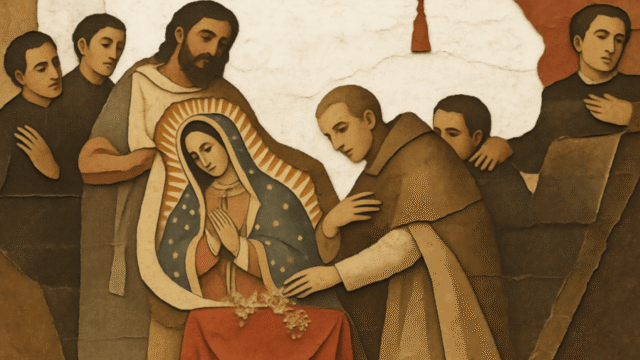 Représentation de la scène du miracle de la Vierge de Guadalupe